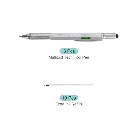 uxcell 3pcs 6 in 1 Aluminum Multi Tool Tech Tool Pen Ballpoint Pen Ruler Screwdriver Stylus with Level and Refill for Christmas Gift Silver