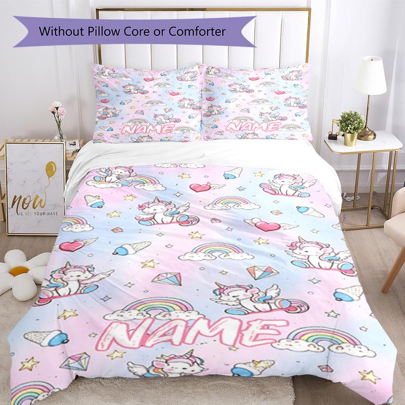 3pcs Custom Name Unicorn Bedding Set Duvet Cover Closure Includes 1 Duvet Cover & 2 Pillowcases, Soft and Comfortable for All Seasons.