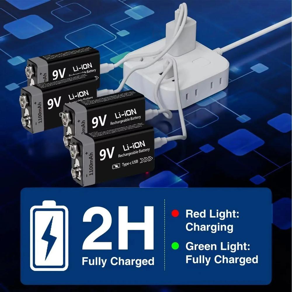9V Battery Rechargeable 1100mAh USB Type-C 6F22 9V Li-ion Battery for Multimeter, RC Toys, Guitar Pedal, Microphone
