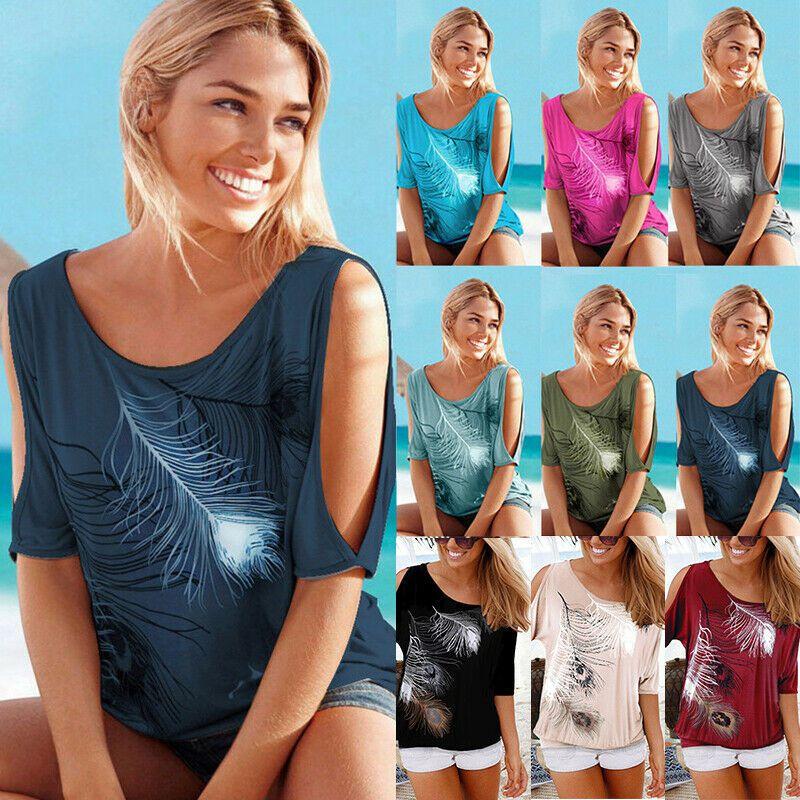 Summer Boho Women Cold Shoulder Feather Tshirt Blouse With Stylish Printing And Short Sleeve Design