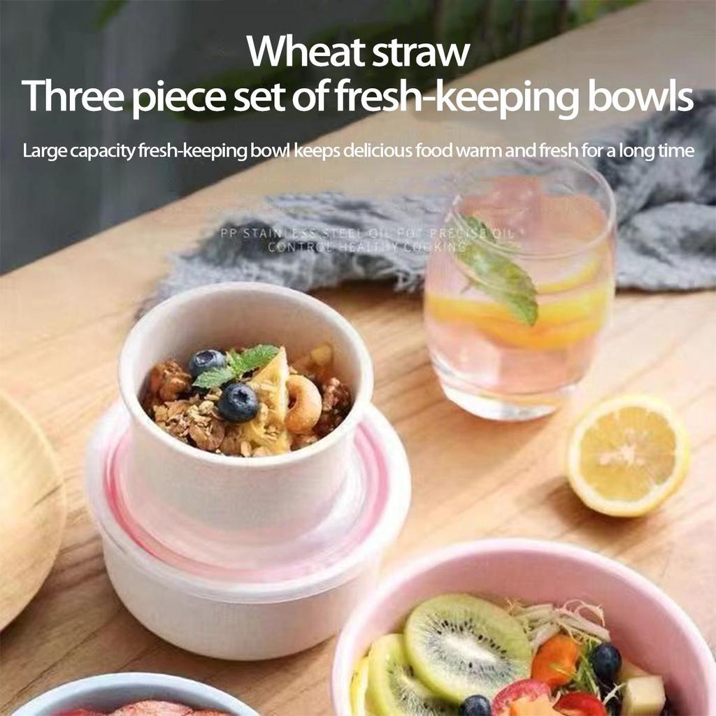 Eco-Friendly Wheat Straw Bowl Set: 3-Piece Food Storage with Lids, Microwave Safe for Reheating, Perfect for Fridge Use.