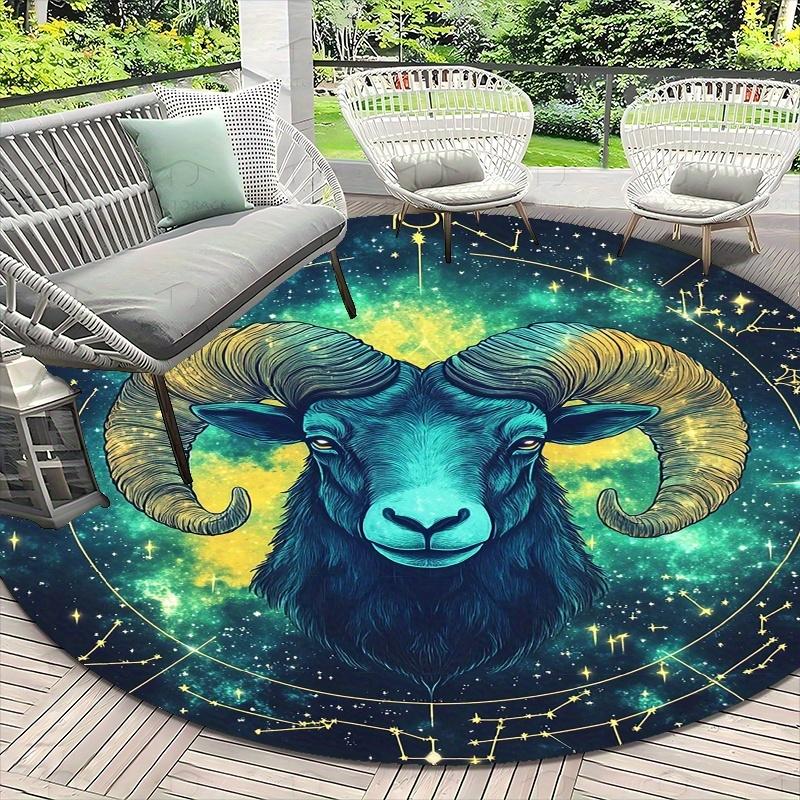1pc Aries Zodiac Floor Mat - Non-Slip Machine Washable Mat with Aries Ram Head  for Galaxy Design In Blue, Golden, Black
