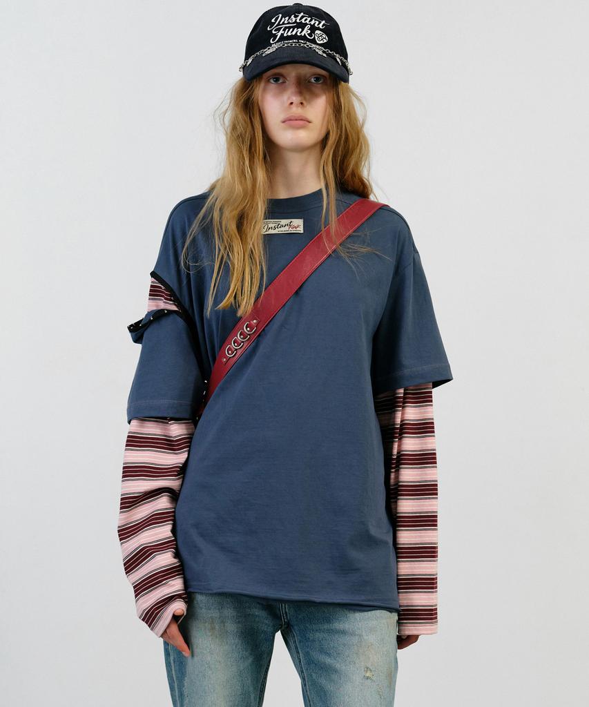 INSTANTFUNK Layered Sleeve Stripe T Shirt - Navy