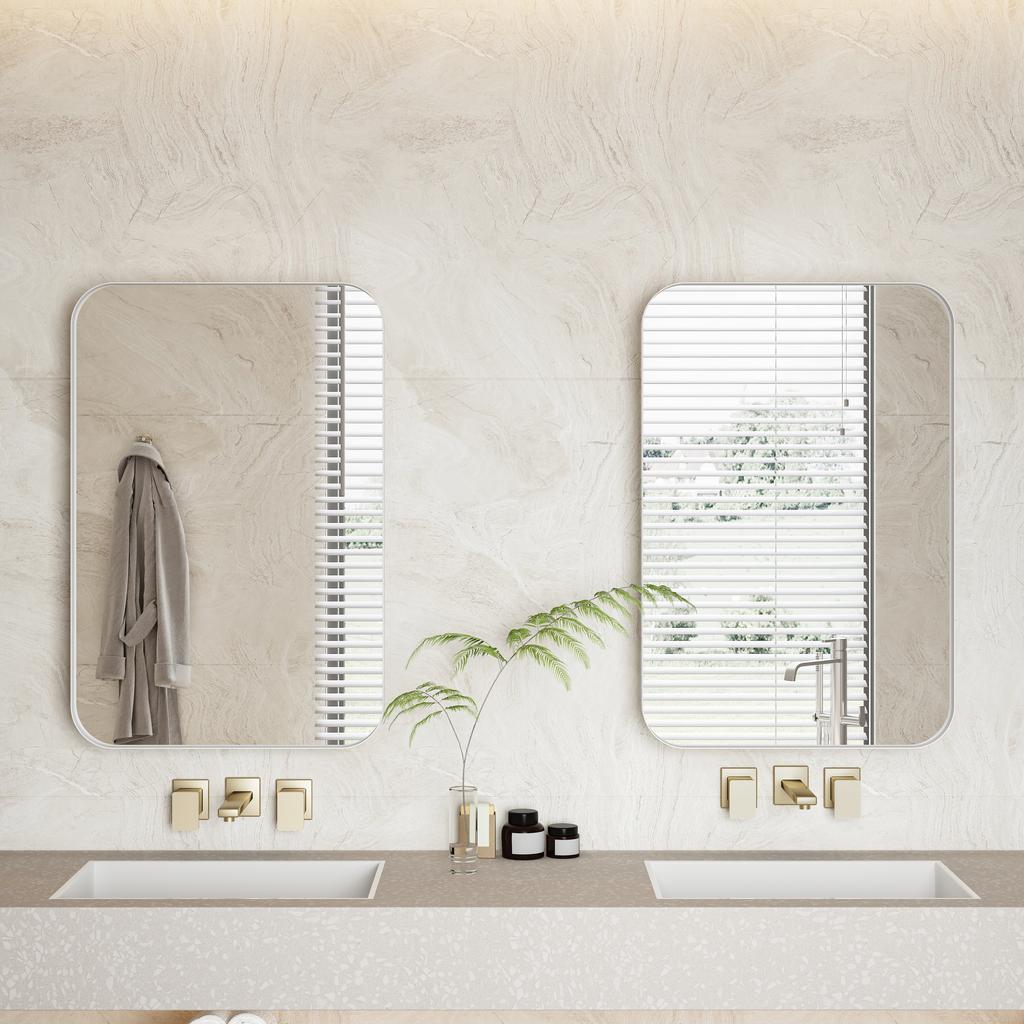 Stylish Rectangle Mirror Cabinet, Recessed Medicine Cabinet, Metal Framed, Adjustable Shelves, Storage for Bathroom, Living Room and Bedroom, White