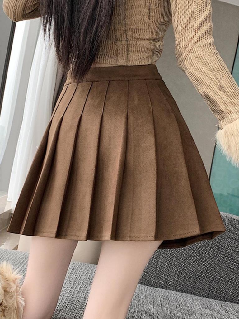 Coffee Maillard Suede A-line Pleated Skirt - Women's Autumn/Winter Petite Leather-look Skirt