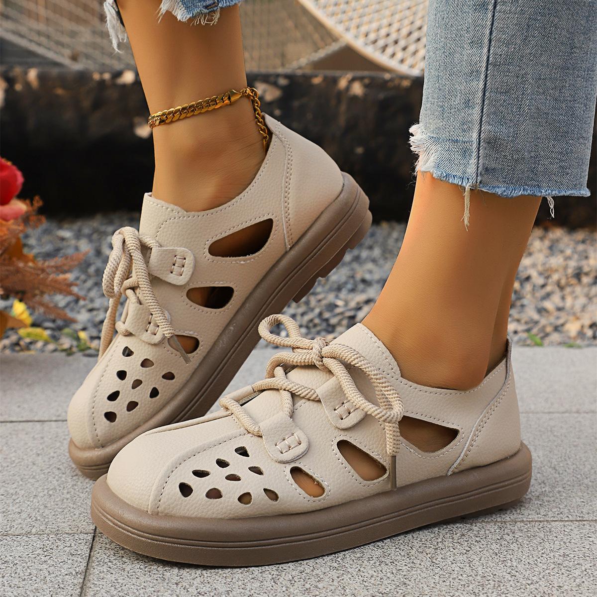 

Летние новые ретро туфли с мягкой подошвой, женские повседневные босоножки на платформе со шнуровкой, туфли с отверстиями для верхней одежды 42 хаки