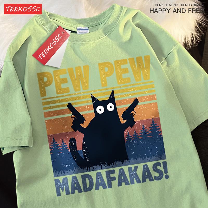 Pew Pew Madafakas Doppelpistole Katze Kurzarm Übergroße Atmungsaktive T-Shirts Baumwolle Sommerkleidung Street Casual T-Shirt Männer