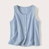 Women Summer Vest Round Neck Sleeveless Loose Fit Tops Solid Color Button Placket Design Tank Tops Streetwear