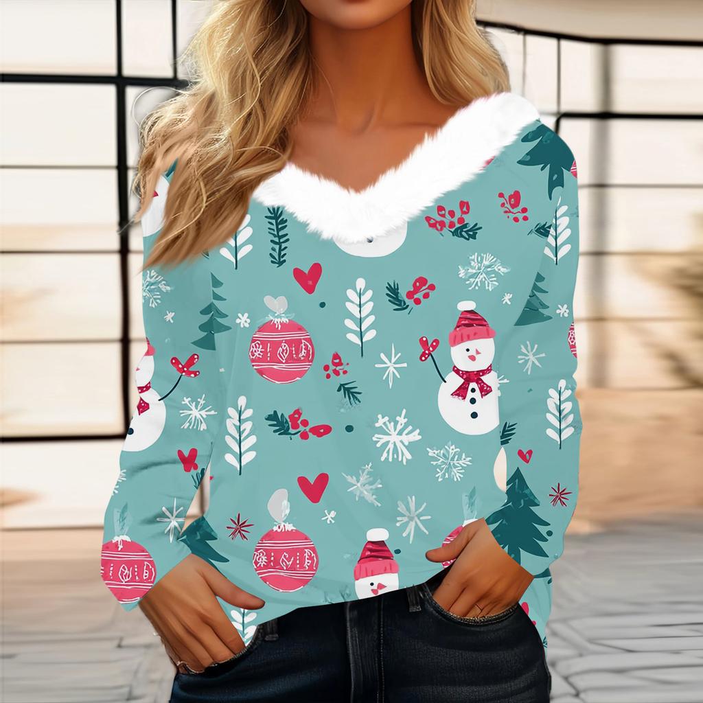 Damenmode Langarm Weihnachten V-Ausschnitt Bedrucktes Party Felliges Oberteil