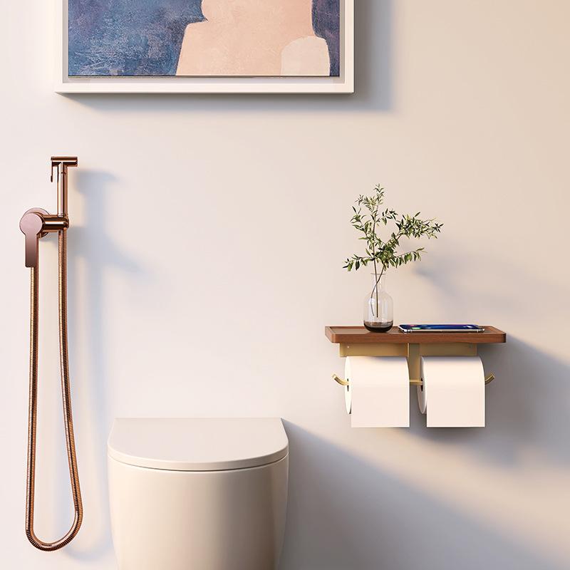 Wood Bathroom Paper Towel Holder Brushed Gold Toilet Paper Roll Holder Wall-mounted Cell Phone Shelving Toilet Paper Box