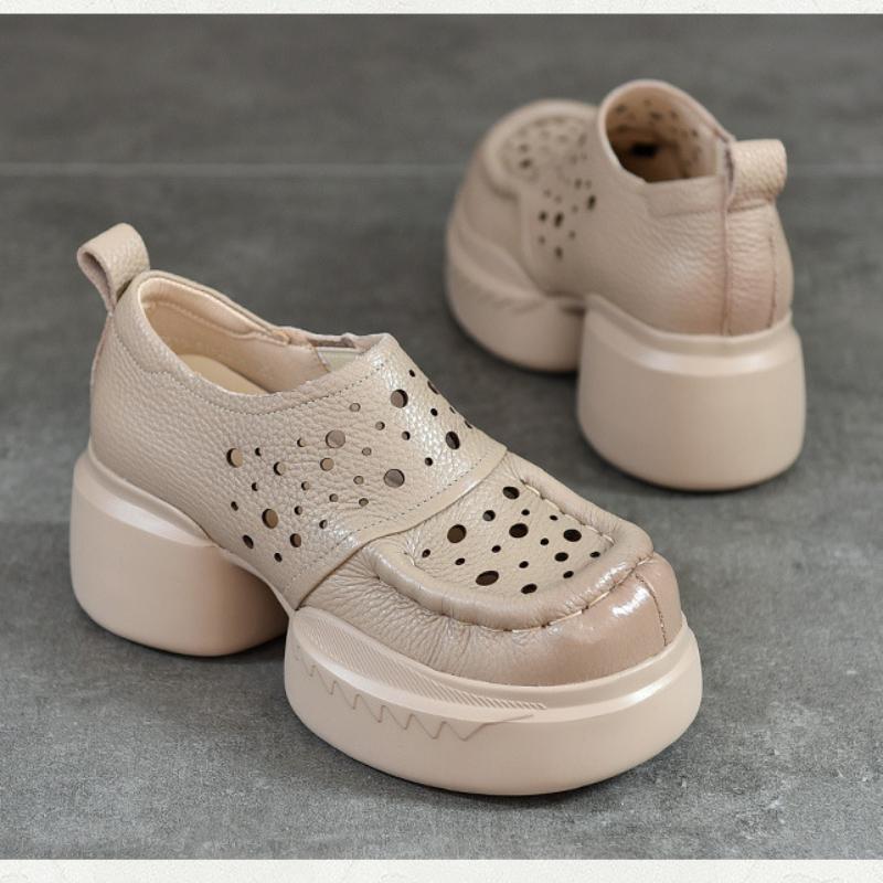 Johnature Thick Soled Retro Hollow Sandals Versatile Genuine Leather High Heels Women's Platform Shoes