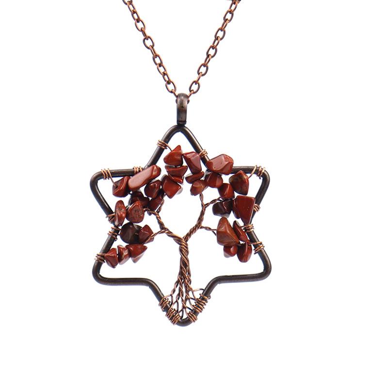 Handmade Wire Wrapped Six-Pointed Star Tree of Life Necklace with Natural Crushed Stone Crystal Beads