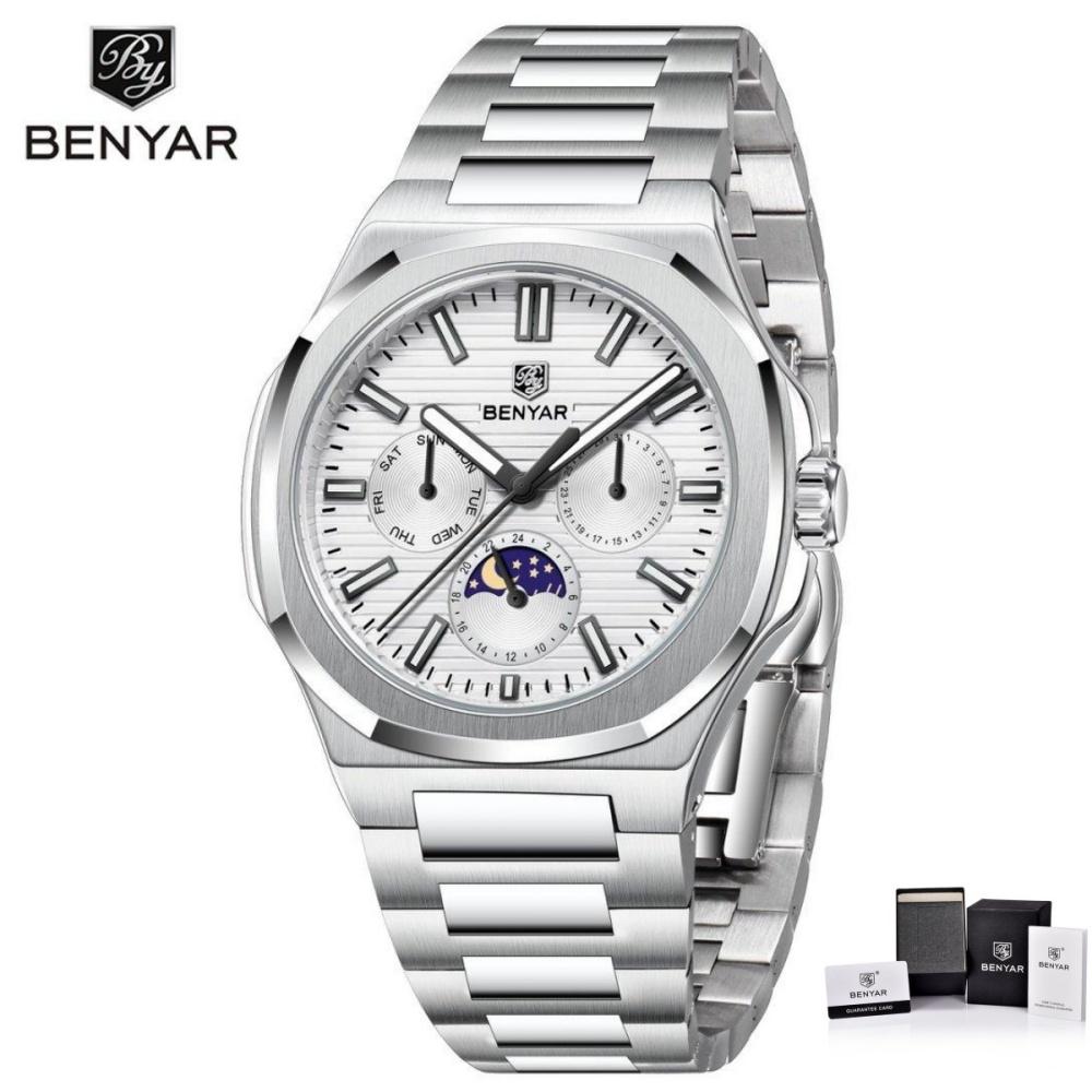 BENYAR BY-5226 Luxury Men's Watch Stainless Steel Waterproof Simple Quartz Business Wristwatches Moon Phase Gift Watches For Men