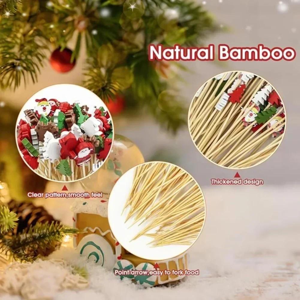 Christmas Bambusa Cocktail Picks 100PCS Featuring Santa Snowman Tree Reindeer and Snowflake Designs for Holiday Parties