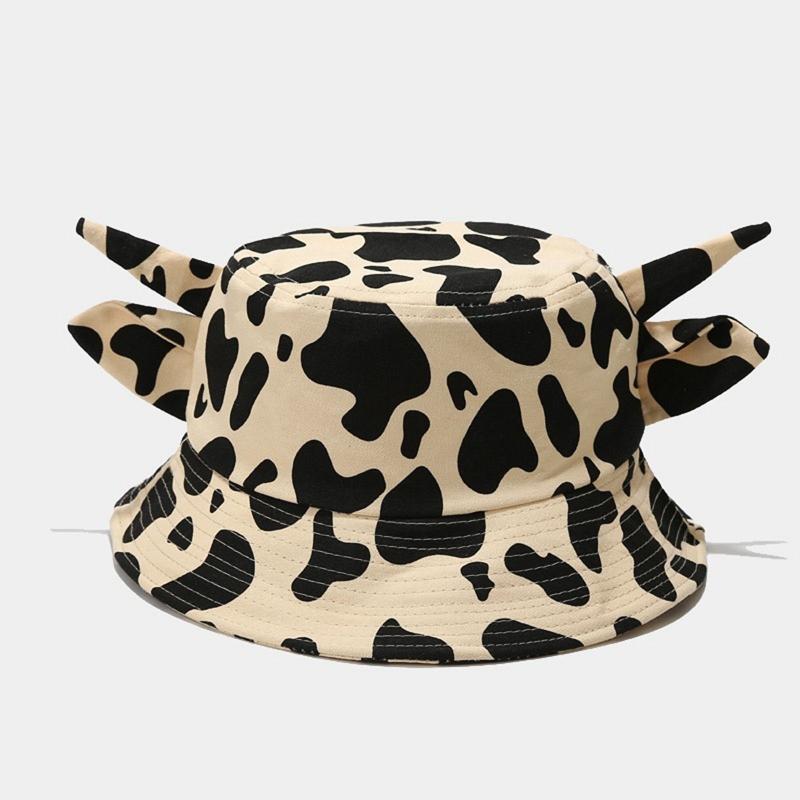 Summer for Sun Cap Wide Brim Fisherman Hat Cow Print Bucket Hat with Horns & Ear