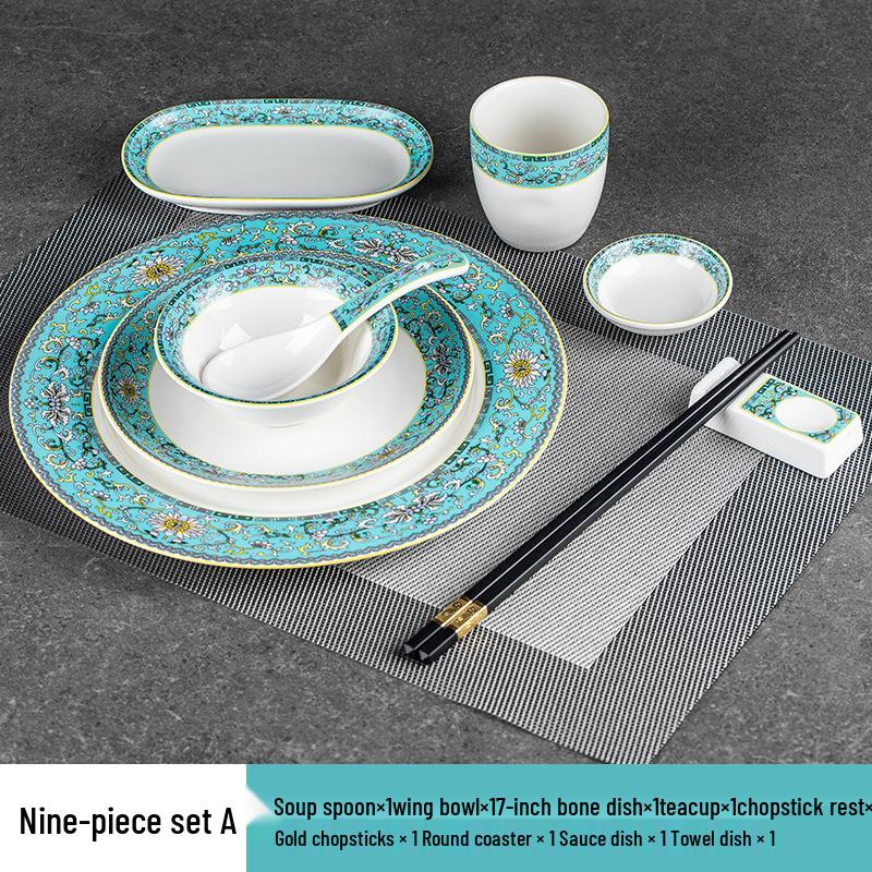 Set di stoviglie smaltate in stile cinese: Set di 4 ciotole, piatti e stoviglie in ceramica per uso in ristoranti e hotel