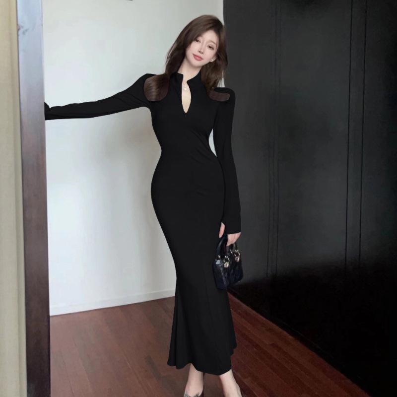 

Women s temperament stand-up collar mermaid temptation slim-fitting fishtail dress L чорний
