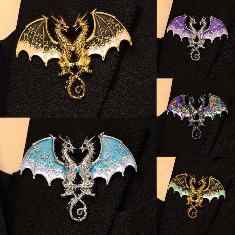 Gothic Fantasy Colorful Enamel Wings Lapel Pin Twin Winged Dragon Brooches for Women Men Game Cosplay Suit Coat Decor Jewelry