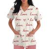 Women's V,neck Valentine's Day Printed Short,sleeved Pocket Side,slit Protective Suit Top