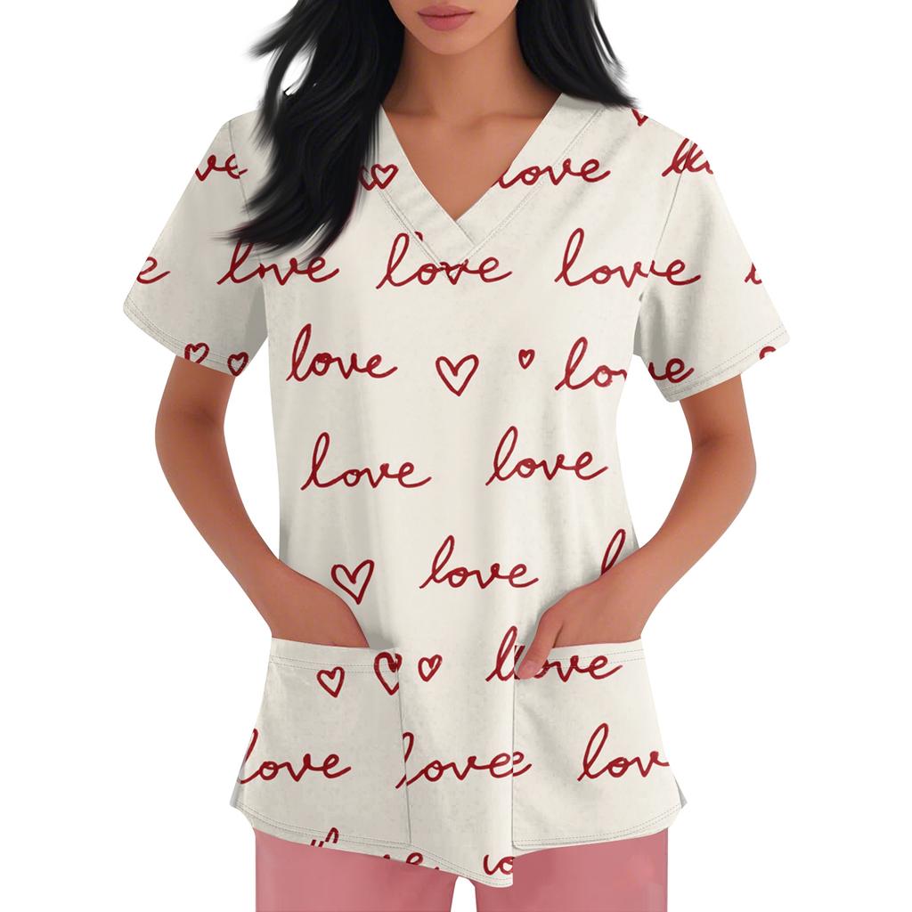 Women's V,neck Valentine's Day Printed Short,sleeved Pocket Side,slit Protective Suit Top