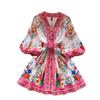 Spring New European and American Style Positioning Printing Waist Thin V-neck Single-breasted Lantern Sleeve Dress Short Skirt