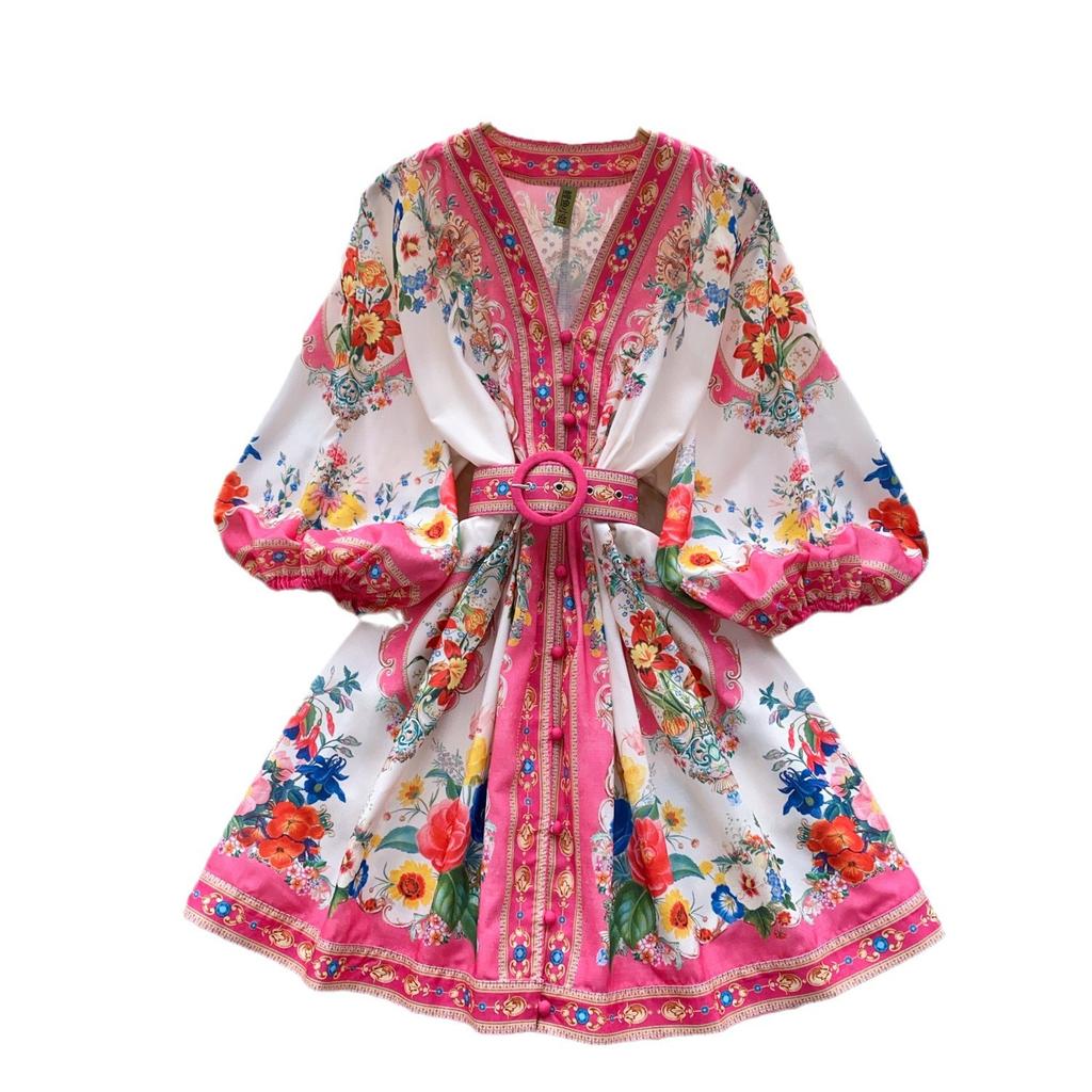 Spring New European and American Style Positioning Printing Waist Thin V-neck Single-breasted Lantern Sleeve Dress Short Skirt