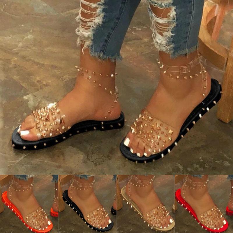 Women Summer Ankle Strap Sandals With Rivet Accents And Transparent Upper For Breathable Comfort