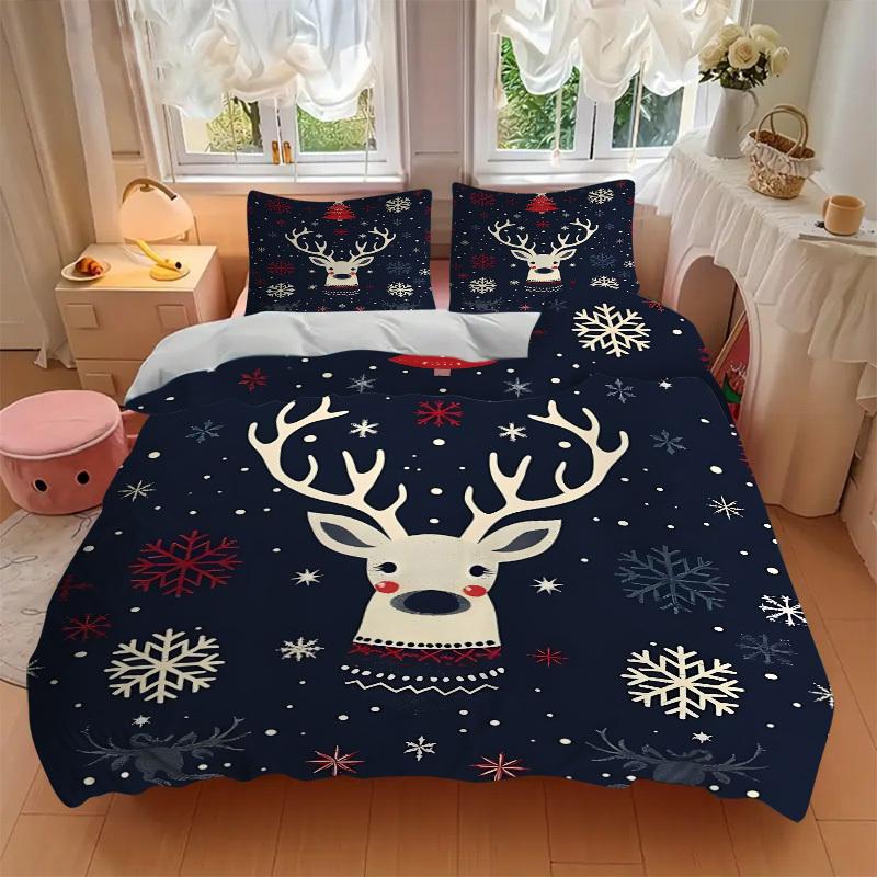 3pcs Set Christmas Deer 1 Quilt Cover + 2 Pillowcases, All Seasons Bedroom Setting, Perfect for Home and Dorm Decor A153
