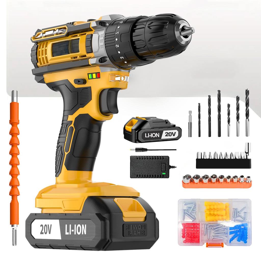 20V Keyless Chuck Electric Screwdriver Set Cordless Impact Drill Variable Speed Max Drilling 30mm Battery