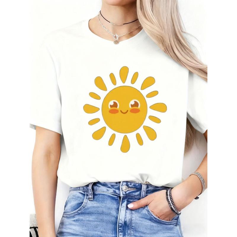 Women's Y2K Cute Smiling Sun Blonde Hair Print Tee Casual Easter St Patrick's Day Summer Top