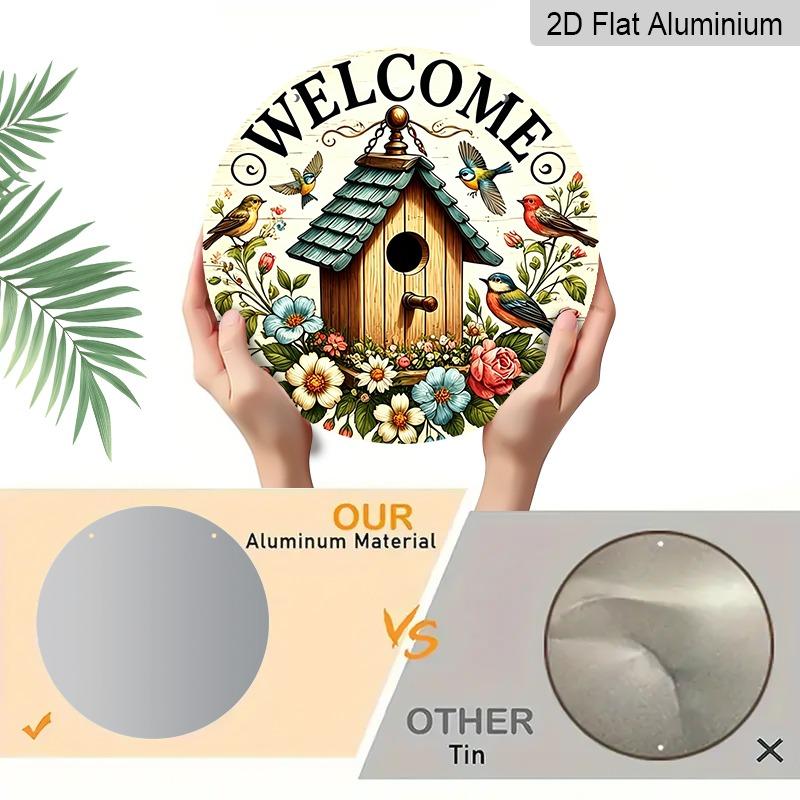 2D Flat Birdhouse Floral Welcome Doorplate, Aluminum Decorative Sign and Plaque, Various Sizes. Colorful Birds and Flowers, Rustic Farmhouse Hanging