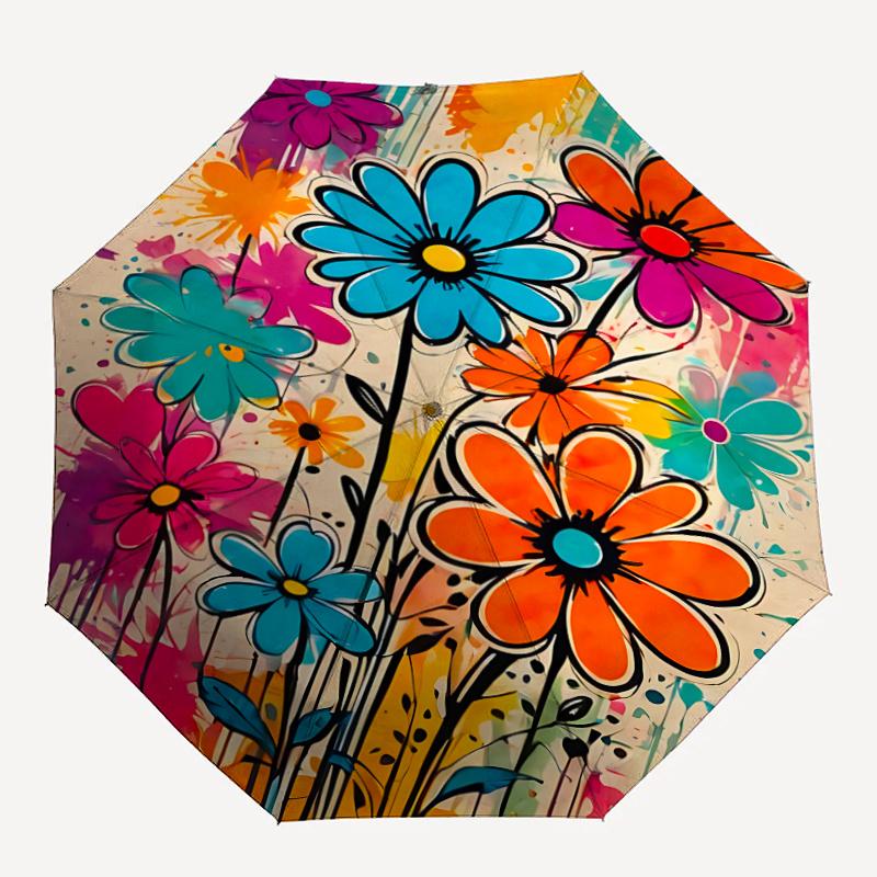 1pc Flower Artwork Automatic Folding Umbrella - Compact 8-Rib Design, Durable Plastic  Iron, Festive Gift, Compact Umbrellan007
