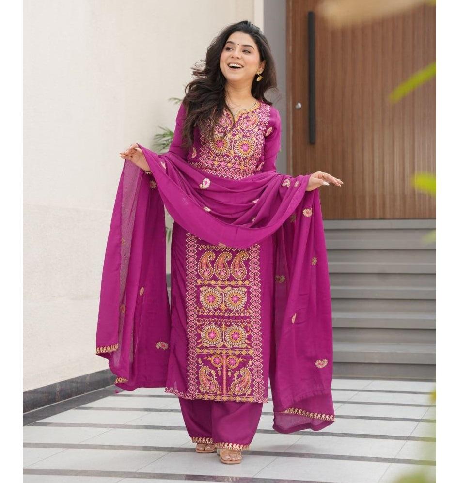 Женский дизайнерский традиционный набор Kurta Pant Dupatta Индийский Болливуд Мягкий Креп Сальвар Костюм Курти M розовый