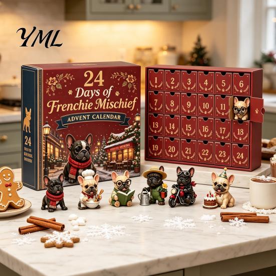 Französische Bulldogge Adventskalender Kalender, 24-Tage Weihnachts-Countdown Acryl-Ornament, Sammlerstück Interaktive Traditionen Figur Hängende Dekoration