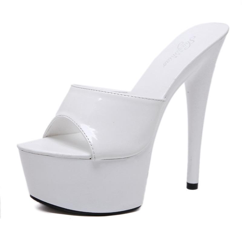 

New patent leather drag extra high heels stiletto sexy black waterproof table hate sky high super high heels sandals women s summer 34 белый