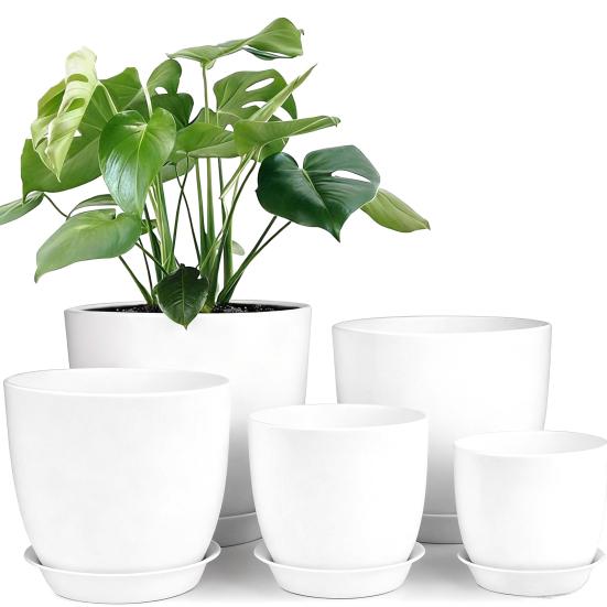Flower Pot with Saucer Plastic Plant Pot with Drainage Holes Modern Decorative Planter