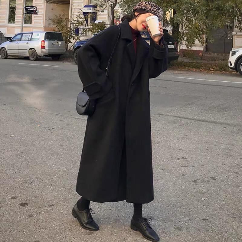 Winter Women's Over-the-Knee Mid-Length Woolen Outer Wear Korean Style Student Loose Mori Style Thickened Black Woolen Coat