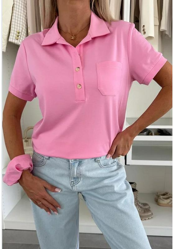 

2025 Urban Casual Women s Lapel Solid Color Pocket Short Sleeve T-shirt Medium яркий розовый