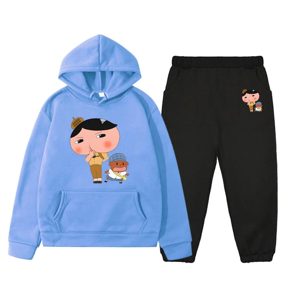 2pcs Butt Detective Cartoon Print High Quality Clothing Sets Autumn New Childrens Hoodies Sweatshirts Kids Loose Fleece Pullover