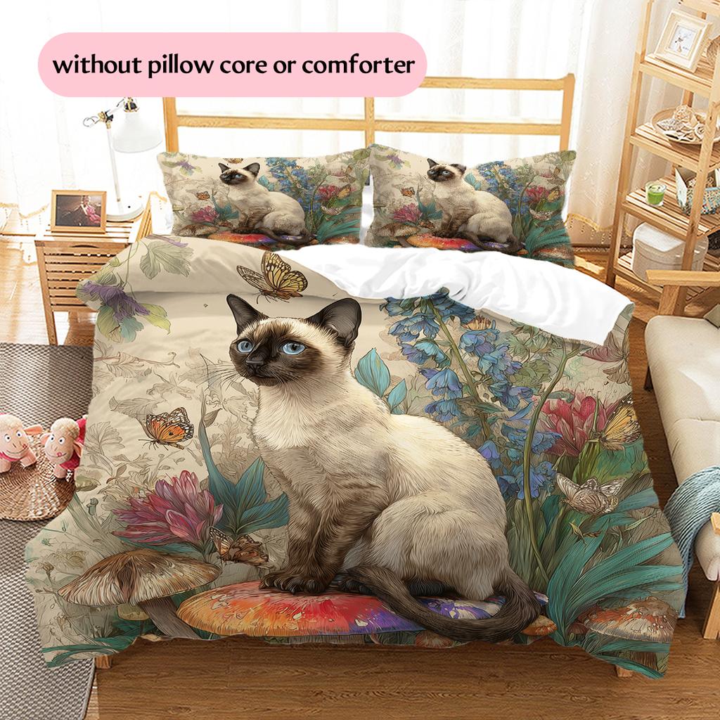 Siamese Cat and Plants Pattern Bedding Home Decoration Birthday Gift (1 * Duvet Cover + 2 * Pillowcase, Without Core)
