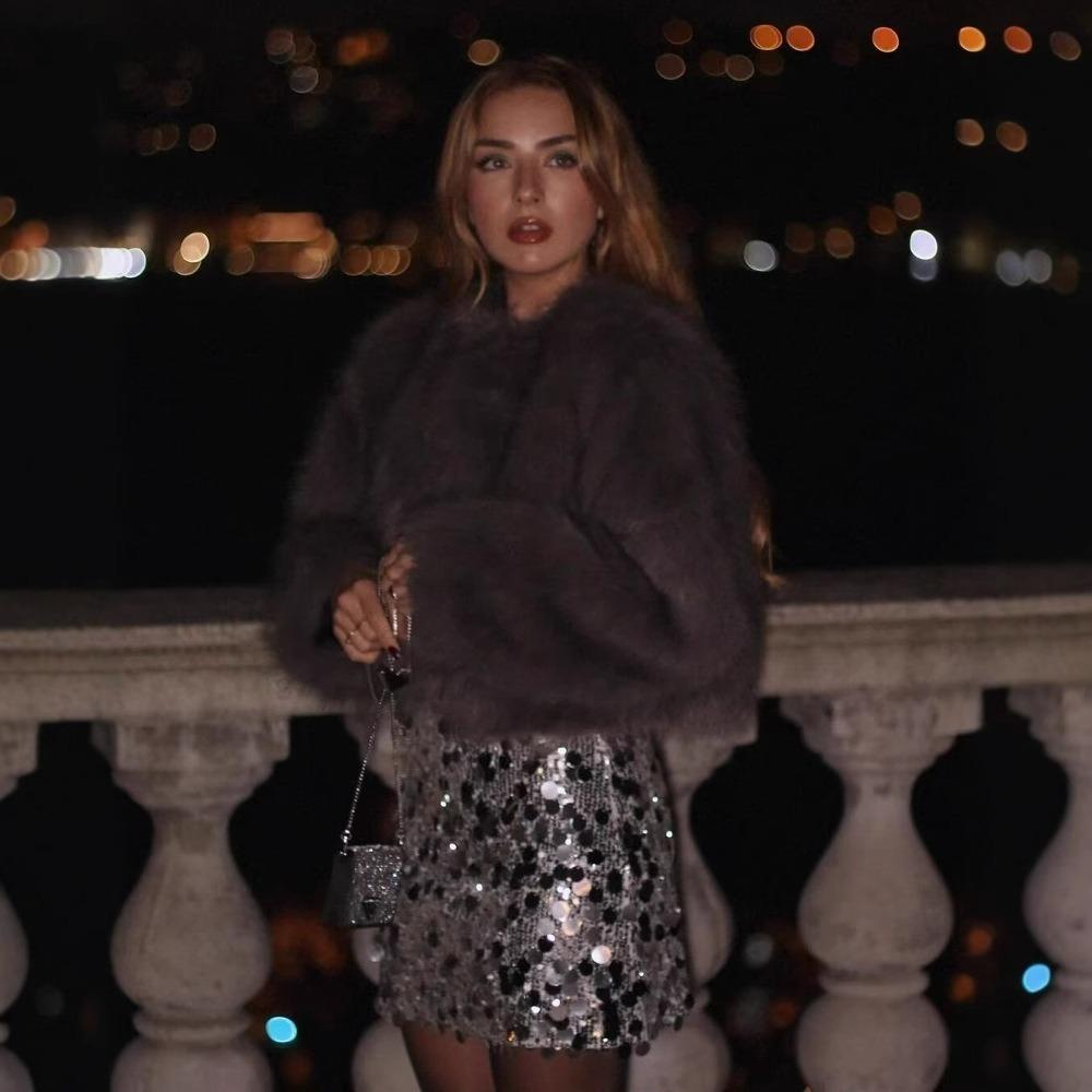 Faux Fur Jacket Fashion Women's Faux Fur Effect Round Neck Long Sleeve Short Jacket