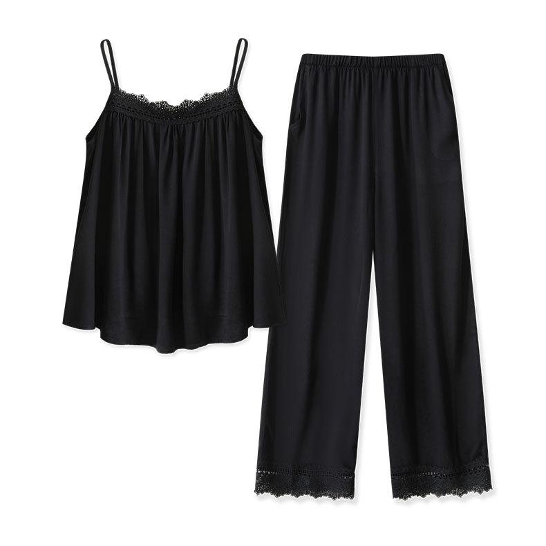 

Хлопок Вискоза Модный Стиль Женский Пижамный Комплект Кружевной Дизайн Топы На Бретельках С Длинными Брюками Свободный и Удобный Пижамный Костюм XL чёрный