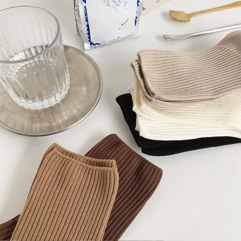 6 Pairs Autumn and Winter Pure Color Women Loose Socks Rib Cotton Fashion Basic Daily Classic Female Sock