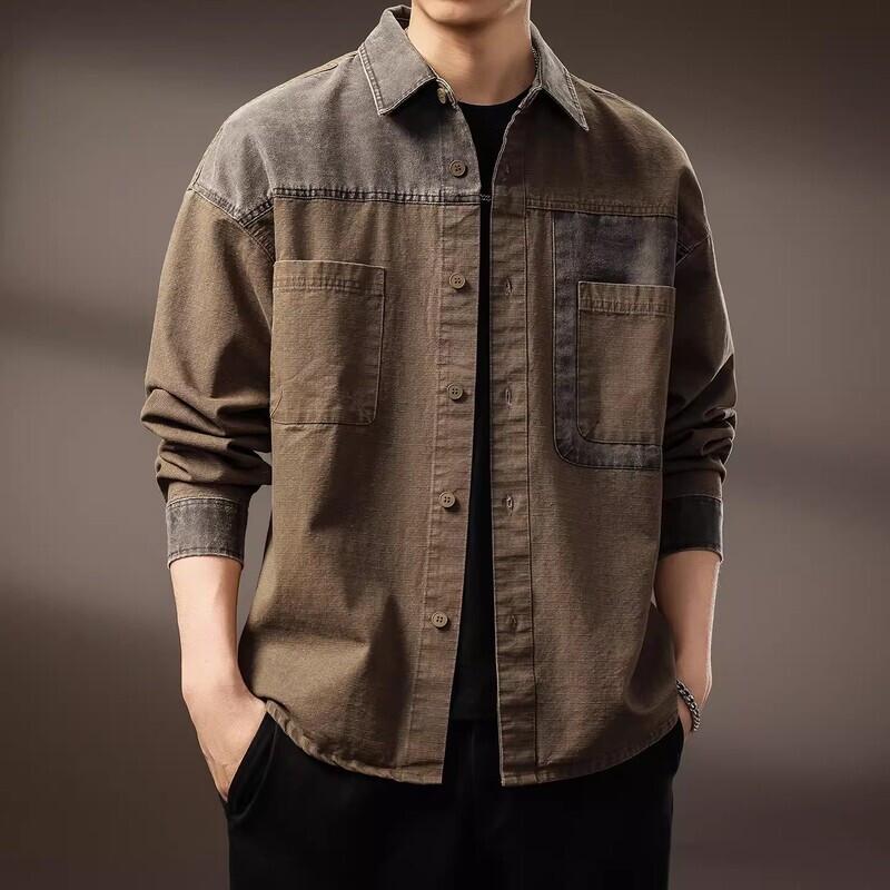 Men's American Retro Color Block Patchwork Loose Long Sleeve Shirt