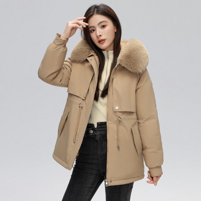 Women's New Velvet and Thickened Parka Short Korean Style Loose Waisted Large Fur Collar Jacket