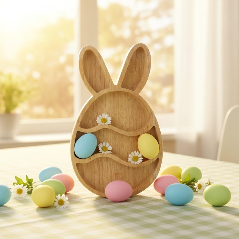 Wooden Easter Egg Shape Tray Cartoon with Compartments Food Display Plate Durable Decorative Bunny Snack Serving Tray Jewelry