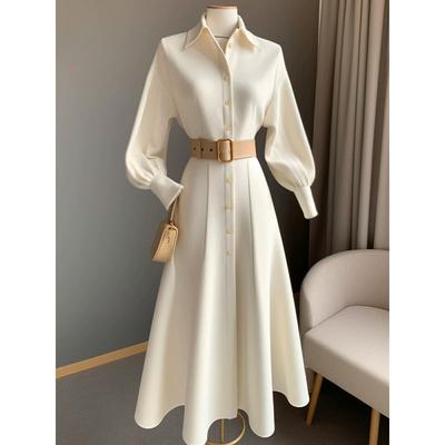 Waist Up Shirt Autumn French Style Slimming Dress Long Skirt Polo Collar Design