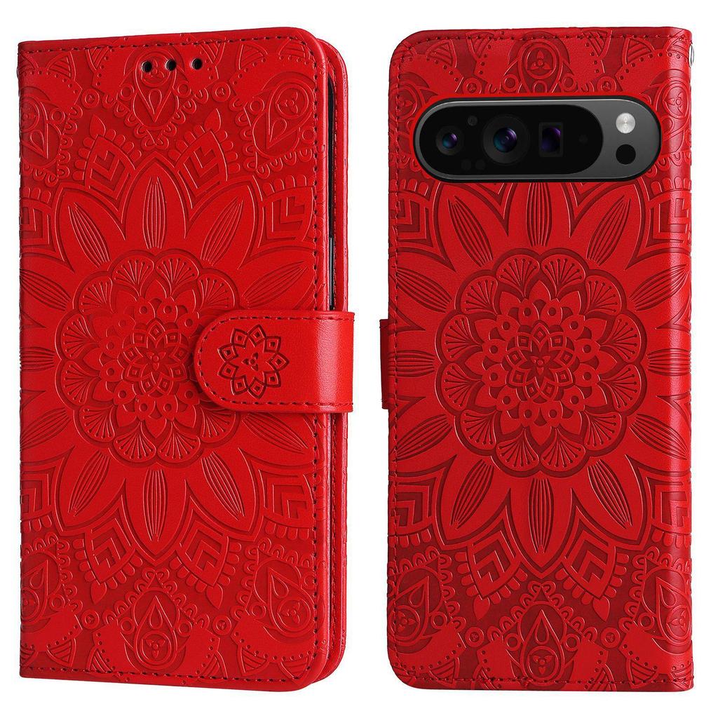 Husă din piele embosată cu floarea-soarelui pentru Google Pixel 8A/9 PRO XL cu slot pentru card