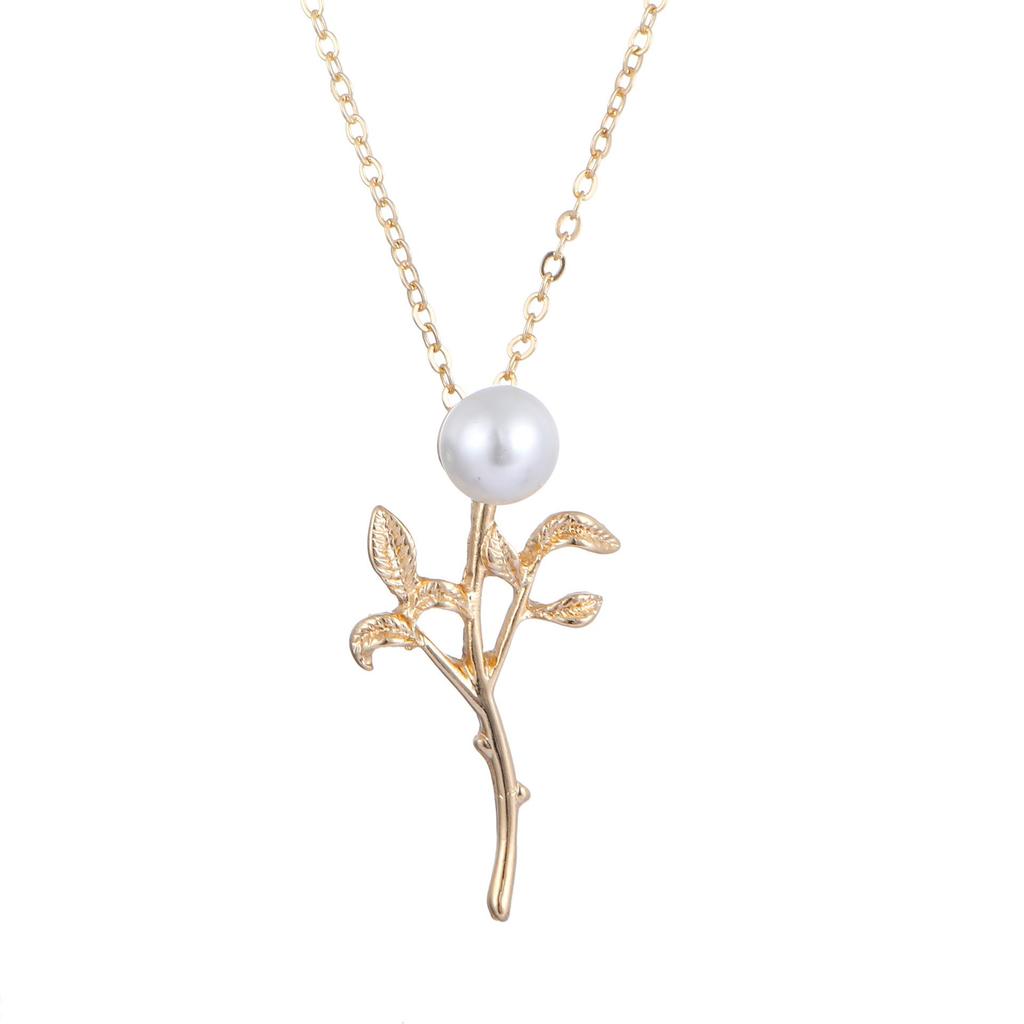 Kashi Tong Elegant Pearl Leaf Long Necklace Pendant - Simple Sweater Chain Christmas Gift