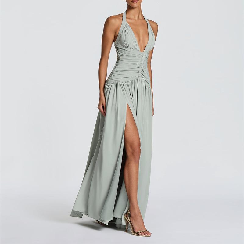 Spring new, elegant and sexy v-neck pleated slim-fitting dress
